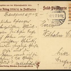 Postcard - 'Gedenkstein in Lowitsch', Netta Froehlich to Wilhelm Cresp, German, World War I, 12 Jan 1917