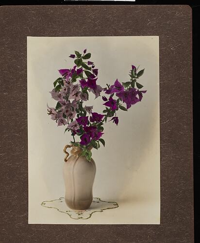 Still life of purple flowers in a white vase.