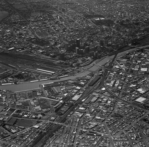 Monochrome aerial photograph of Melbourne.