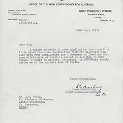 Letter - British Assisted Passage Scheme, John & Barbara Woods, Australia House, London, 21 May 1957