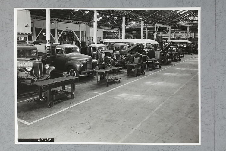 Monochrome photograph of a garage.