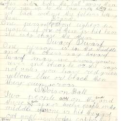 Document - Claude Naggs, Addressed to Dorothy Howard, Descriptions of Ball Games 'Slag Ball', 'Brandes', & Chanting Game 'Dwarf Dwarf', Aug 1954