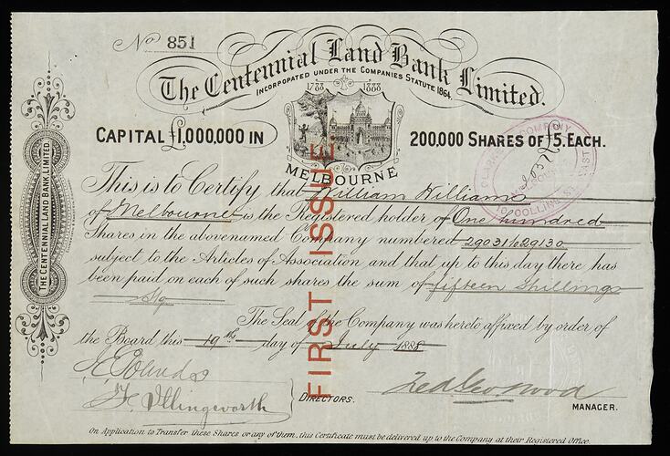 Scrip - Centennial Land Bank, Melbourne, Issued Australia, 19 July 1888