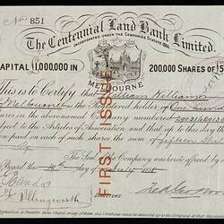 Scrip - Centennial Land Bank, Melbourne, Issued Australia, 19 July 1888