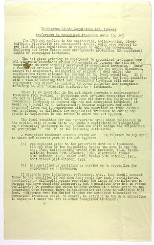 Information Sheet - Tradesmens Rights Regulation Act 1946-1947, Stanley Hathaway, Commonwealth of Australia, circa 1951