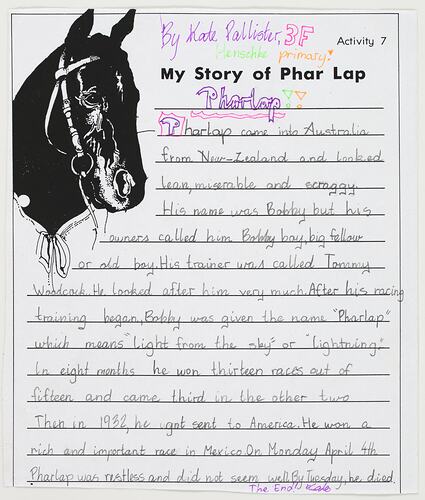 Letter - My Story of Phar Lap, Kate Pallister, 1999