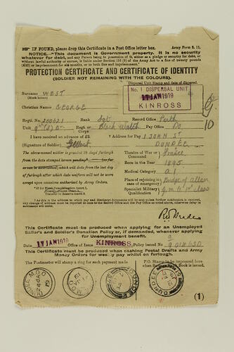 Front of printed and stamped certificate.