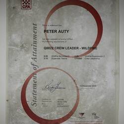 Certificate - CFA, 'Crew Leader - Wildfire', Peter Auty, Flowerdale, 06 Dec 2004