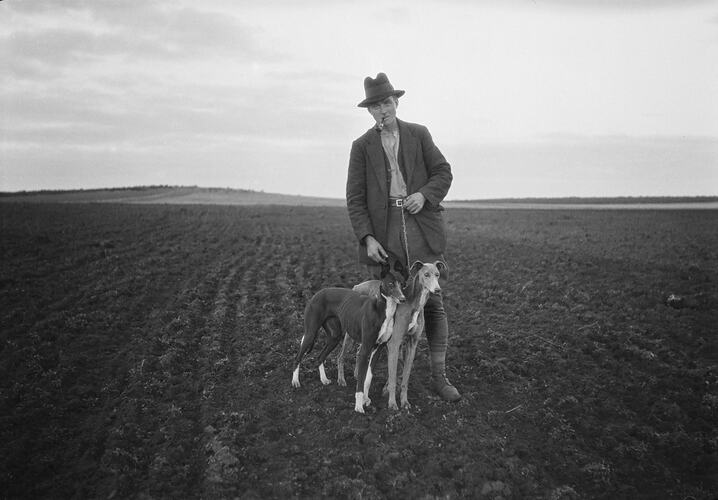 Man standing with two greyhounds.