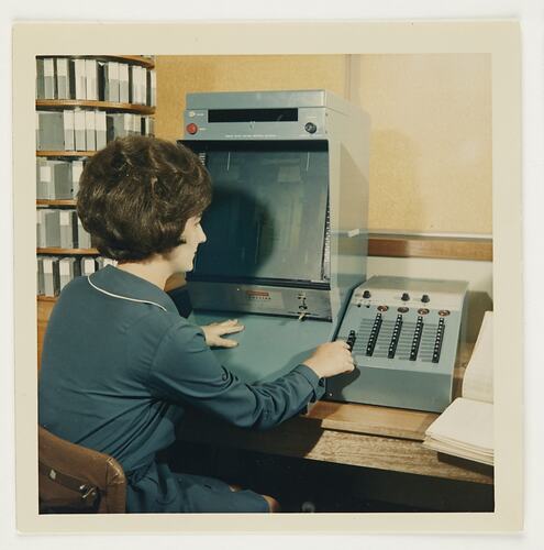 Slide 312, 'Extra Prints of Coburg Lecture', Worker Reviewing Mailing Addresses, Building 20, Kodak Factory, Coburg, circa 1960s
