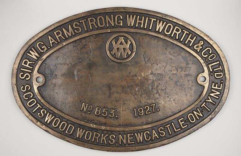 Locomotive Builders Plate - Sir W.G. Armstrong Whitworth & Co. Ltd, 1928