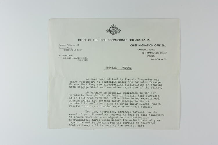Letter - Baggage Notice, Office of High Commissioner for Australia, London, 1966