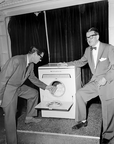 Two Men with a Westinghouse Automatic Washer, Melbourne, Victoria, Mar 1959