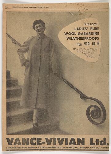Newspaper Advertisement - Women's Coats, Vance-Vivian Ltd, New Zealand, The Evening Post, 17 Apr 1956, Obverse