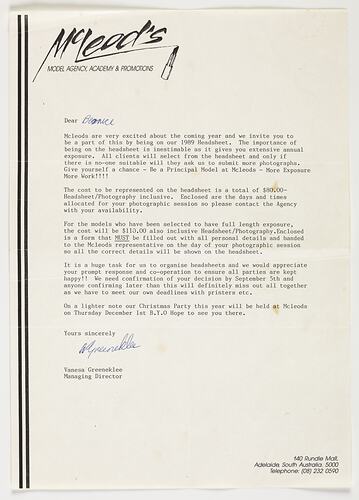 Letter - To Bernice Kopple from McLeods Model Agency, Academy & Promotions, Adelaide, 1989