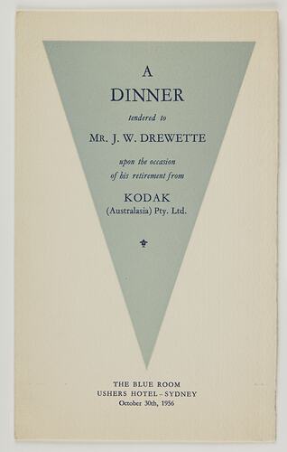 Programme - Kodak Australasia Pty Ltd, Mr J.W. Drewette Retirement Dinner, Sydney, 30 Oct 1956, Page 1