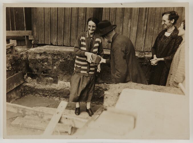 Kodak Australasia Pty Ltd, Miss B Kingston and Kodak Staff, Brick Laying Ceremony, Building 4, Abbotsford, Victoria, 30 Apr 1928