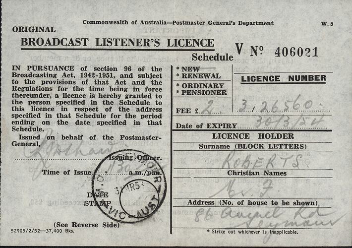 Broadcast Listener's Licence - Commonwealth of Australia, Postmaster General's Department, 31 Mar 1953