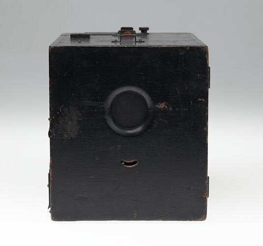 Back of wooden box camera.