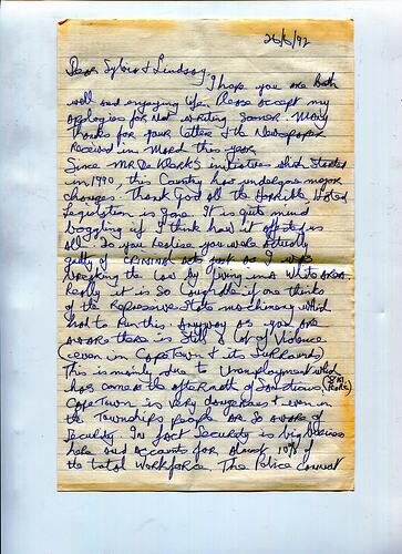Letter - Lindsay & Sylvia Motherwell, Trevor Pretorius, 16 Jun 1992