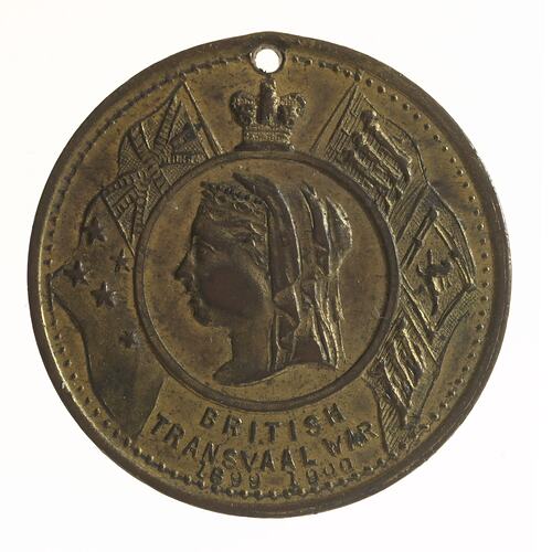 Medal with veiled Queen Victoria facing left, flags at side, crown above. TExt below.