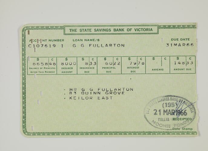 Green paper receipt printed in green and black ink. Black stamp lower right corner.