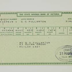 Receipt - Mortgage Loan Payment, State Savings Bank of Victoria, Mr Graeme Fullarton, 30 Sep 1966