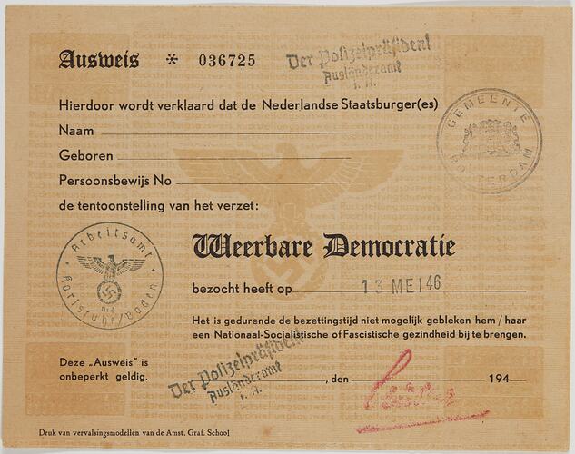 Card -  Resilient Democracy Declaration, Rotterdam, The Netherlands, 13 May 1946