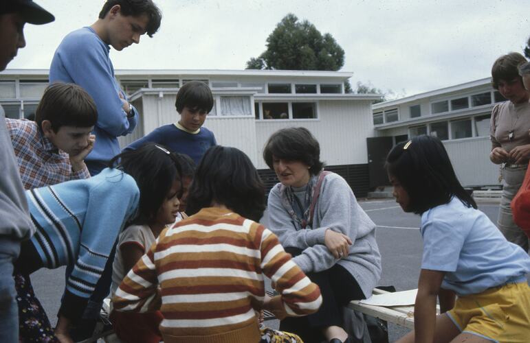 Slide - Eastbridge Language Centre, Dr June Factor With Children in Playground, circa 1980