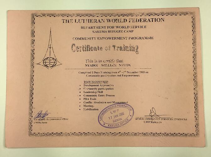 Training Certificate - Nyadol William Nyuon, Lutheran World Federation, Dept for World Service, Community Empowerment Programme, Kakuma Refugee Camp, Kenya, 4-5 Dec 2003