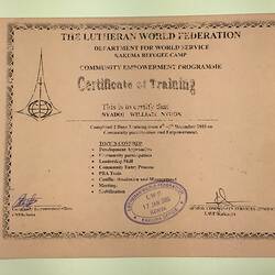 Training Certificate - Nyadol William Nyuon, Lutheran World Federation, Dept for World Service, Community Empowerment Programme, Kakuma Refugee Camp, Kenya, 4-5 Dec 2003