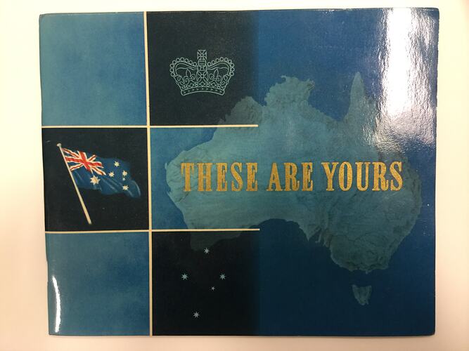 Glossy blue cover booklet features a map of Australia, crown, southern cross and Australian flag.