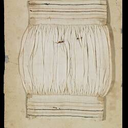 Page 3 of an unbound book with a sewing sample of a white pleated tube with striped band at each end.