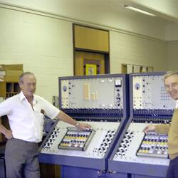 Digital Photograph - Eric King-Smith with MUDPAC Analogue Computer, Melbourne University, Melbourne, 1960s