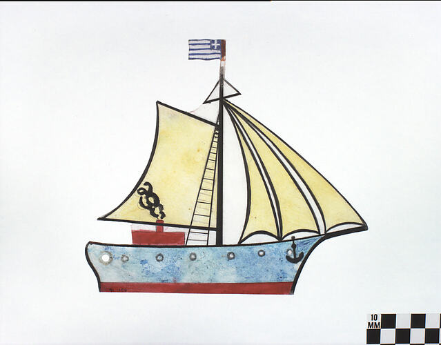 Two-dimensional acrylic drawing of coloured sailboat.