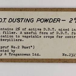 Exhibition Label - D.D.T Dusting Powder, National Museum of Victoria, Russell St, Melbourne