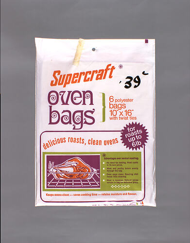 Plastic bag with coloured text and chicken motif.