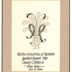 Certificate - Citation, Lyrebird Awards, Fashion Industries of Australia, Prue Acton, Framed, 1980