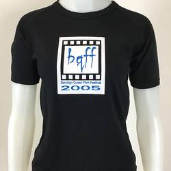 Black t-shirt with white square logo on front, on mannequin.