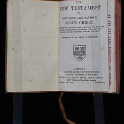 Open book with printed text in black on right page. Pink cloth tape page marker.