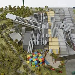 Model of Melbourne Museum, Royal Exhibition Building and Carlton Gardens. Detail of Melbourne Museum from east