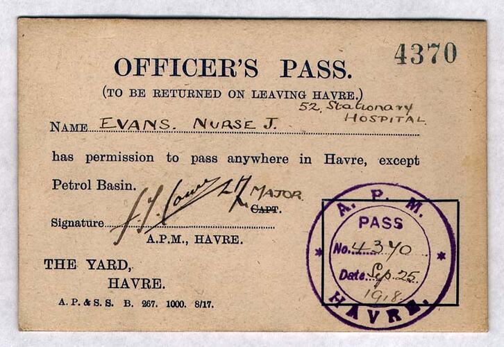 "Officer's Pass (To be returned on leaving Havre), France."