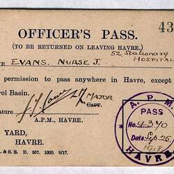 Officer's Pass - Nurse J. Evans, 52nd Stationary Hospital, Le Havre, World War I, 1918