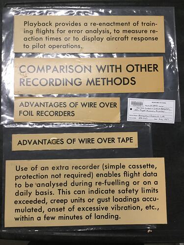HT 64587, Label - List of Benefits, ARL Flight Memory Recorder, Aeronautical Research Laboratories, Melbourne, Australia, circa 1969 (AIR TRANSPORT), Object, Registered
