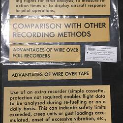 Labels - Benefits of the ARL Flight Memory Recorder, Aeronautical Research Laboratories, Melbourne, Australia, circa 1969