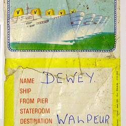 Baggage Label - Sitmar "Tourist Class" (with handwriting "Dewey, Walpeup, Vic")
