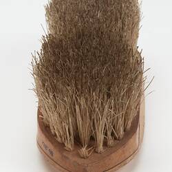 Oval shaped light brown wooden brush with off-white bristles. End view.
