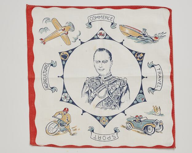 Square white cloth handkerchief. Printed portrait of man in decorative frame in black and red.