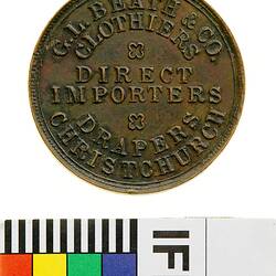 Token - 1 Penny, G.L. Beath & Co, Drapers, Christchurch, New Zealand, circa 1870