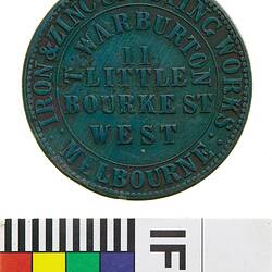 Token - 1 Penny, T. Warburton, Iron & Zinc Spouting Works, Melbourne, Victoria, Australia, 1862
